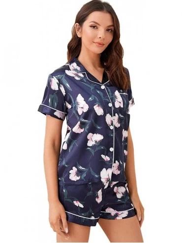 Sets Women's Notch Collar Palm Leaf Print Sleepwear Two Piece Pajama Set - Blue Floral - C21979LIC4L $18.78