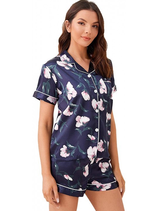 Women's Notch Collar Palm Leaf Print Sleepwear Two Piece Pajama Set ...