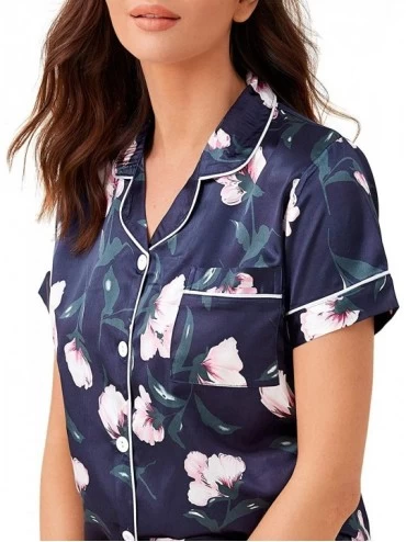 Sets Women's Notch Collar Palm Leaf Print Sleepwear Two Piece Pajama Set - Blue Floral - C21979LIC4L $18.78