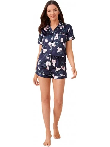 Sets Women's Notch Collar Palm Leaf Print Sleepwear Two Piece Pajama Set - Blue Floral - C21979LIC4L $18.78