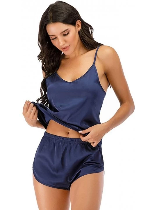 Sets Womens Pajama Set Sexy Lingerie Satin Sleepwear Cami Shorts Set Nightwear SQW0018 - Navy - CO19COMY9KA $20.44