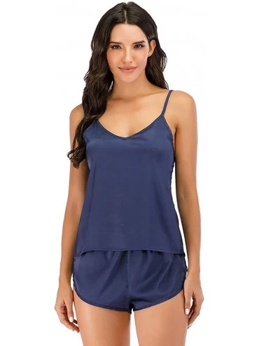 Sets Womens Pajama Set Sexy Lingerie Satin Sleepwear Cami Shorts Set Nightwear SQW0018 - Navy - CO19COMY9KA $20.44