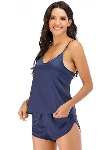 Sets Womens Pajama Set Sexy Lingerie Satin Sleepwear Cami Shorts Set Nightwear SQW0018 - Navy - CO19COMY9KA $20.44