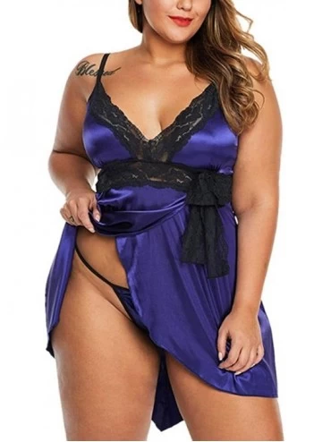 Nightgowns & Sleepshirts Women Sexy Plus Size Lingerie Satin Lace Babydoll Sleepwear Dress - Blue2 - C4193QN2KM9 $14.14