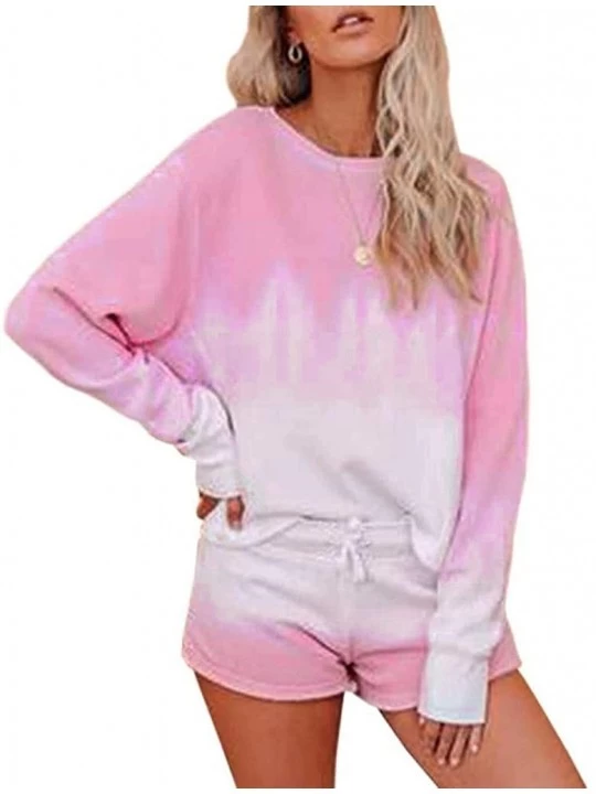 Sets Tie Dye Lounge Sets for Women Womens Tie Dye Printed Pajamas Set Long Sleeve Tops and Shorts PJ Set Loungewear Pink - CL...