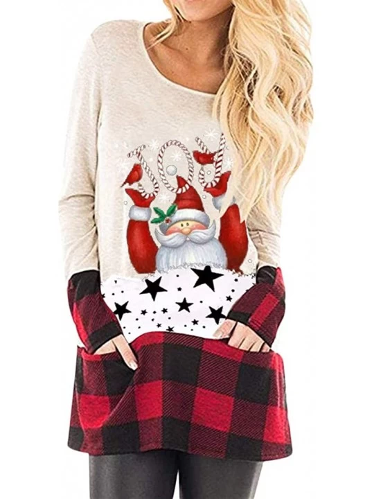 Thermal Underwear Womens Christmas Tops Plaid Splice Hem Reindeer Long Sleeve Cute Tunic Blouse - A-beige - CS192K2390D $11.32