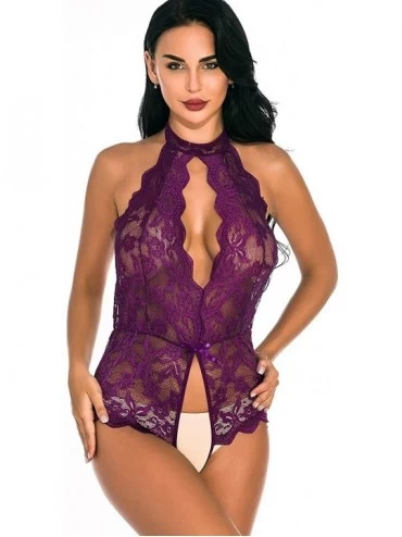 Baby Dolls & Chemises Women One Piece Lingerie Floral Lace Baby Dolls Teddy Sexy Bodysuit Halter Sleepwear - Purple - CQ18WNE...