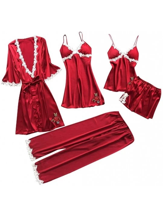 Robes 5PC Sexy Lingerie Nightgown for Women Lace Rose Nightdress Camisole Pants Bathrobe with Belt - Red - CB197TAR55U $28.77