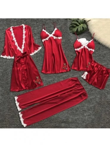 Robes 5PC Sexy Lingerie Nightgown for Women Lace Rose Nightdress Camisole Pants Bathrobe with Belt - Red - CB197TAR55U $28.77