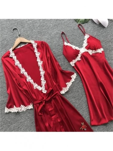 Robes 5PC Sexy Lingerie Nightgown for Women Lace Rose Nightdress Camisole Pants Bathrobe with Belt - Red - CB197TAR55U $28.77