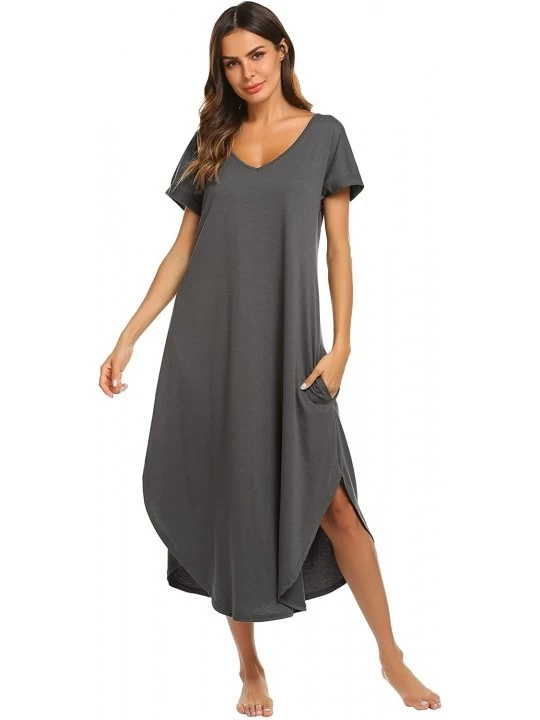 Nightgowns & Sleepshirts Sleepwear Women's Casual V Neck Nightshirt Short Sleeve Long Nightgown - Dark Grey - CI18ER966T8 $27.89