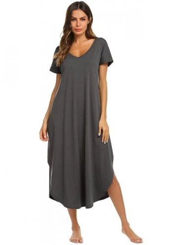 Nightgowns & Sleepshirts Sleepwear Women's Casual V Neck Nightshirt Short Sleeve Long Nightgown - Dark Grey - CI18ER966T8 $27.89