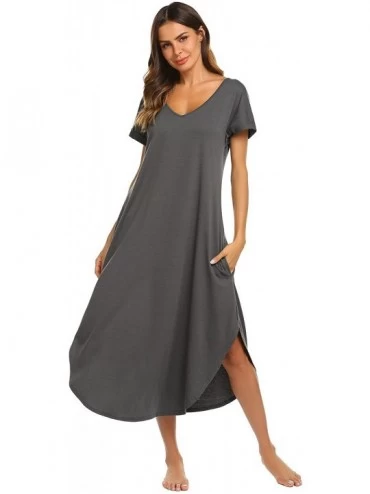 Nightgowns & Sleepshirts Sleepwear Women's Casual V Neck Nightshirt Short Sleeve Long Nightgown - Dark Grey - CI18ER966T8 $27.89