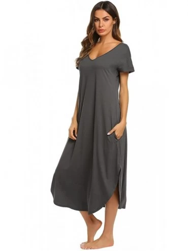 Nightgowns & Sleepshirts Sleepwear Women's Casual V Neck Nightshirt Short Sleeve Long Nightgown - Dark Grey - CI18ER966T8 $27.89