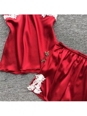 Robes 5PC Sexy Lingerie Nightgown for Women Lace Rose Nightdress Camisole Pants Bathrobe with Belt - Red - CB197TAR55U $28.77