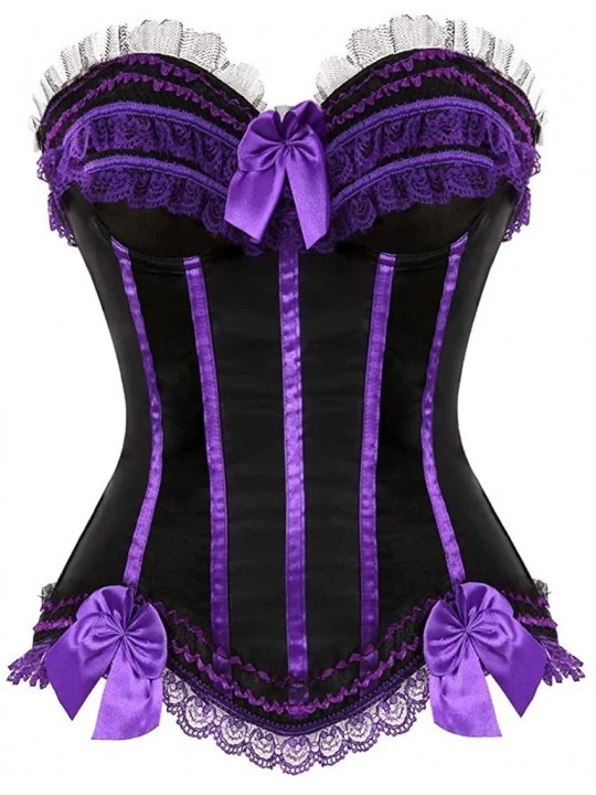 Bustiers & Corsets Womens Floral Black Lace Trim Corset Overbust Waist Cincher Bustier Top - 8068purple - CU18K4EUG58 $20.73