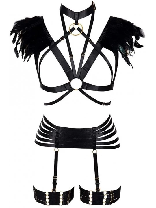 Garters & Garter Belts Female Feather Harness Bra Garter Punk Gothic Harness Set Soft Elasticity Cage Openwork Dance Underwea...