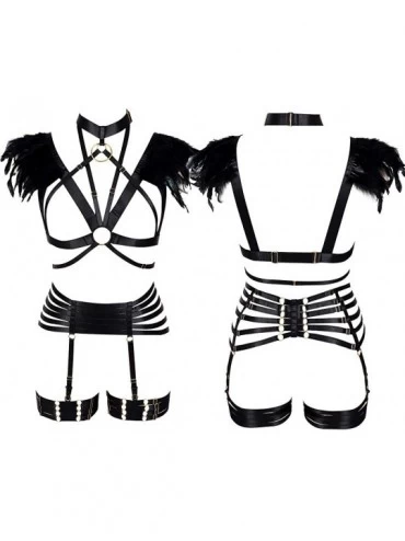 Garters & Garter Belts Female Feather Harness Bra Garter Punk Gothic Harness Set Soft Elasticity Cage Openwork Dance Underwea...