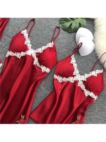 Robes 5PC Sexy Lingerie Nightgown for Women Lace Rose Nightdress Camisole Pants Bathrobe with Belt - Red - CB197TAR55U $28.77