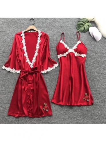 Robes 5PC Sexy Lingerie Nightgown for Women Lace Rose Nightdress Camisole Pants Bathrobe with Belt - Red - CB197TAR55U $28.77