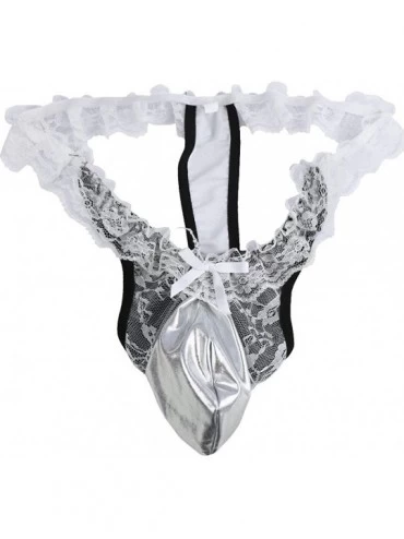 Briefs Sexy Men's Sissy Pouch Panties Floral Lace Trim PVC Leather G-String Thong Underwear - White - CA18IH3XSNC $12.00