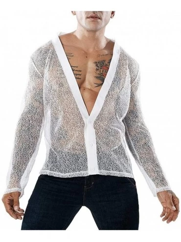 Thermal Underwear Mens Sexy Shirts- See Through Undershirts Long Sleeve Deep V-Neck Blouse Cardigan - White - C519724YOTS $14.93