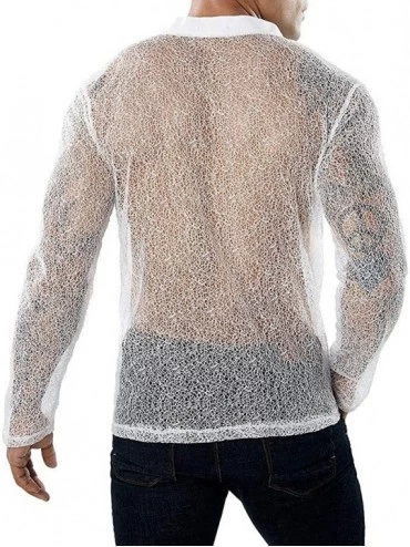 Thermal Underwear Mens Sexy Shirts- See Through Undershirts Long Sleeve Deep V-Neck Blouse Cardigan - White - C519724YOTS $14.93