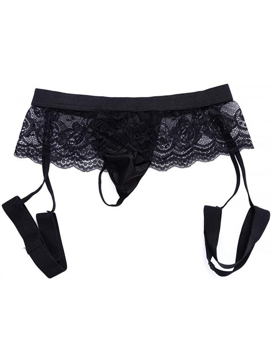 Men's Sexy Lace Thong Bikini Sissy Briefs Lingerie with Garter - Black ...
