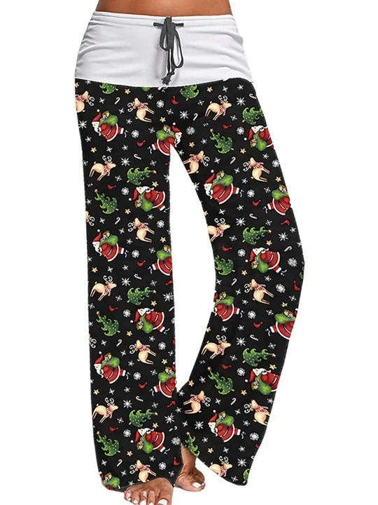 Bottoms Women's Comfy Stretch Floral Print Drawstring Long Wide Leg Lounge Pants - Christmas/Moose Santa Claus-green - CV18A0...