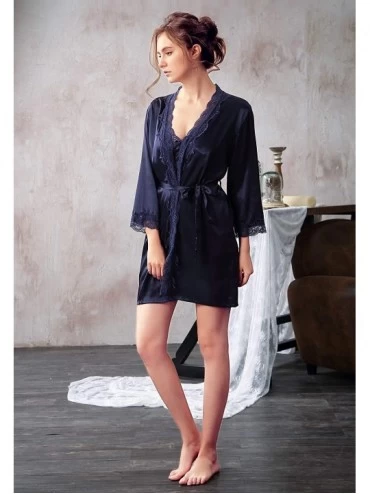 Sets Robe Womens Kimono Robes Sexy Silk Satin Robe Long Style Satin Robe Bride Bridesmaid Kimono Sleepwear 1 navy Blue - CE18...