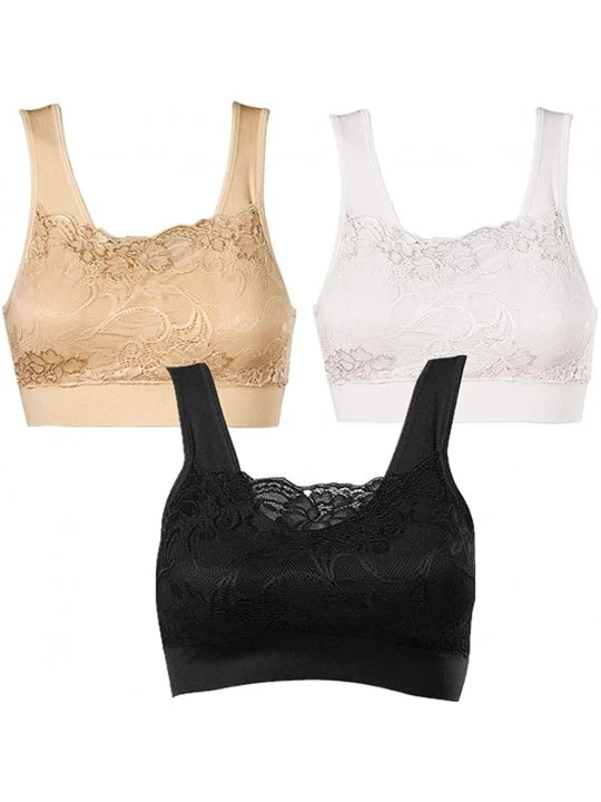 Bras Classic Style Women Smooth V-Neck w/Lace Neutrals Bra with Removable Pads Women's Seamless Lace Overlay Comfort Bra - Wh...