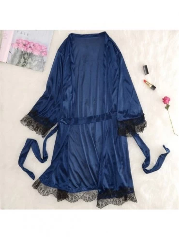 Sets Women's 3pcs Pajama Sets Elegance Sleepwear Sets Satins Lace Sleepwear Robe Shorts Home Wear Clothes - Navy - C218ZLA38D...