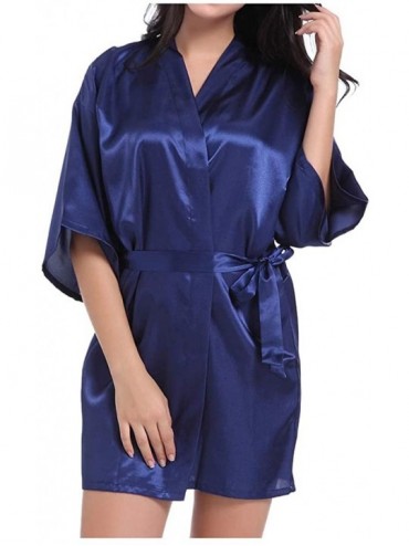 Robes Women Satin Robe Sexy V-Neck Letter Print Silky Kimono Bathrobe Nightgown Sleepwear - Dark Blue - CG194TDAZ64 $13.77