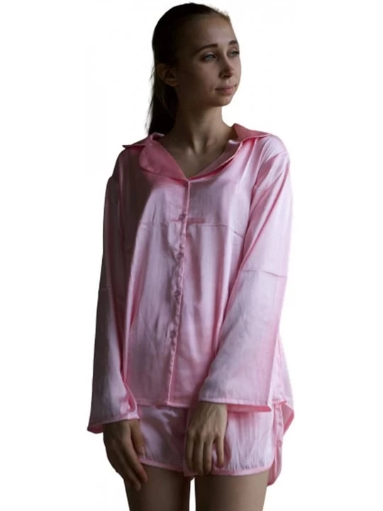 Sets Women's Satin Silk Pj Sets Long Sleeved with Shorts - Light Pink - CR192Z5R29D $18.53