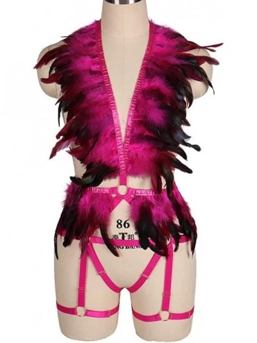 Garters & Garter Belts Women Punk Feathers Body Harness Bra Full Strap Cage Bandage Garter Belt - Rose Red - CU19775TC00 $22.39