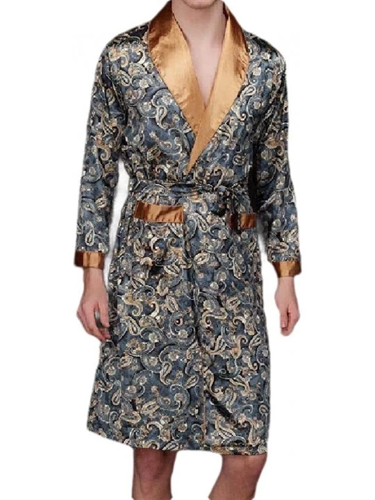 Robes Men's Spa Charmeuse Soft Floral Print Mid Long Silky Sleep Robe - Navy Blue - CB18WCOK8A8 $37.22