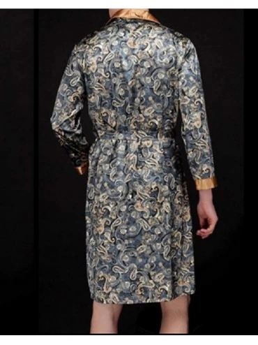 Robes Men's Spa Charmeuse Soft Floral Print Mid Long Silky Sleep Robe - Navy Blue - CB18WCOK8A8 $37.22