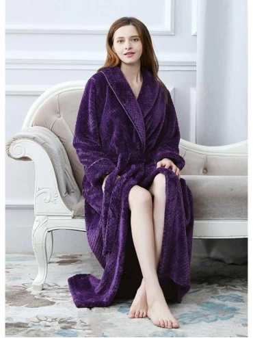 Robes Womens Robe Long Fleece Bathrobe Warm Waist Belt Super Soft Spa Plush Full Length Bath robe with Shawl Collar Purple - ...