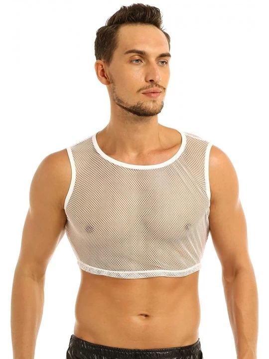 Undershirts Men's Sheer Mesh Muscle Crop Tank Top See Through Sports Half T-Shirt Vest Undershirt Clubwear - White - C718AS6G...