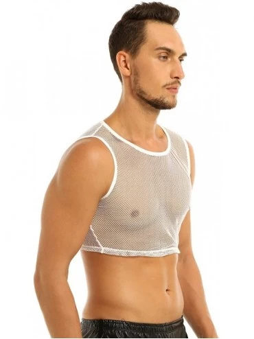 Undershirts Men's Sheer Mesh Muscle Crop Tank Top See Through Sports Half T-Shirt Vest Undershirt Clubwear - White - C718AS6G...