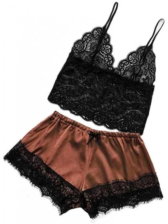 Sets Women Sexy Lingerie Camisole Bow Shorts V-Neck Tops 2020 Lace Pajamas Sleepwear Set Underswear - B-brown - CK194AS9634 $...