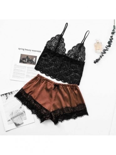 Sets Women Sexy Lingerie Camisole Bow Shorts V-Neck Tops 2020 Lace Pajamas Sleepwear Set Underswear - B-brown - CK194AS9634 $...