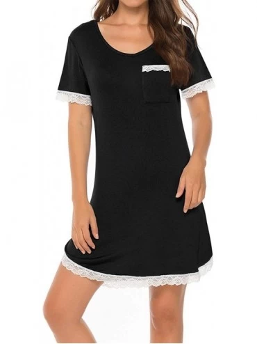 Nightgowns & Sleepshirts Womens Short Sleeve Sleepwear Sleep Dress Pajamas Lace Trim Nightgown - Black - C718W53SY59 $23.94