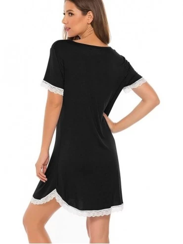 Nightgowns & Sleepshirts Womens Short Sleeve Sleepwear Sleep Dress Pajamas Lace Trim Nightgown - Black - C718W53SY59 $23.94