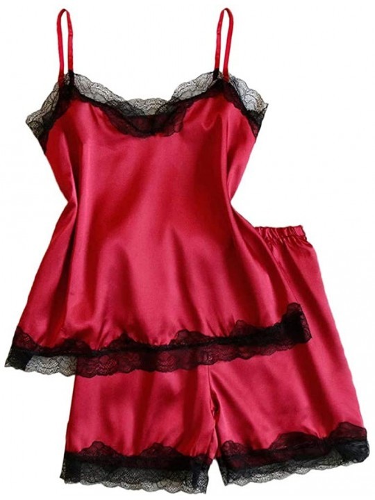 Womens Lace Red Satin Silk Camisole Shorts Set Sleepwear Casual Pajamas ...