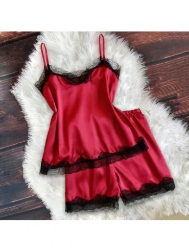 Sets Womens Lace Red Satin Silk Camisole Shorts Set Sleepwear Casual Pajamas Lingerie - Red - CU193Q5CW66 $9.03