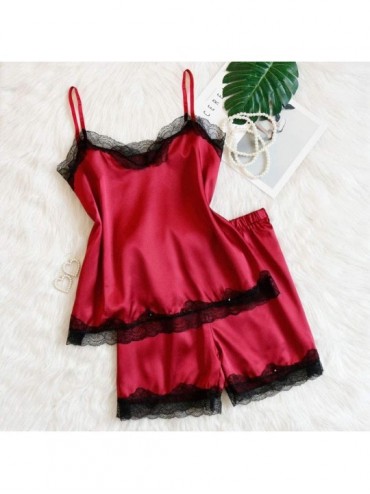 Womens Lace Red Satin Silk Camisole Shorts Set Sleepwear Casual Pajamas ...