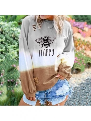 Tops Fashion Women Gradient Contrast Color Pullover Shredded Top Letter Printed Long Sleeve O-Neck Casual Top Sweatshirt - Br...