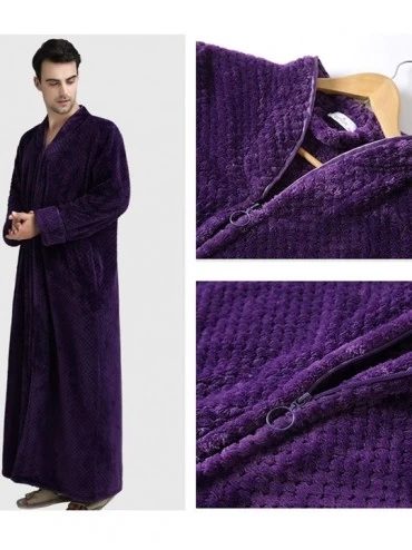 Robes Men's Long Soft Flannel Plush Fleece Robe Zip Bathrobe Sleepwear - Purple - CB18UOS5WRU $26.23