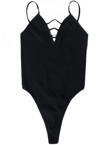 Shapewear Women Seamless Ladder Ribbed Bodysuit- One Size - Black - CC18OIATDRZ $31.15